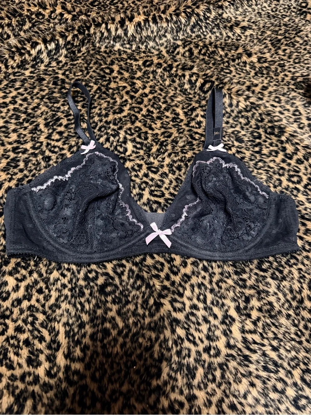 NWT Victoria Secret Black Lace Unlined Bra with Pink Trim